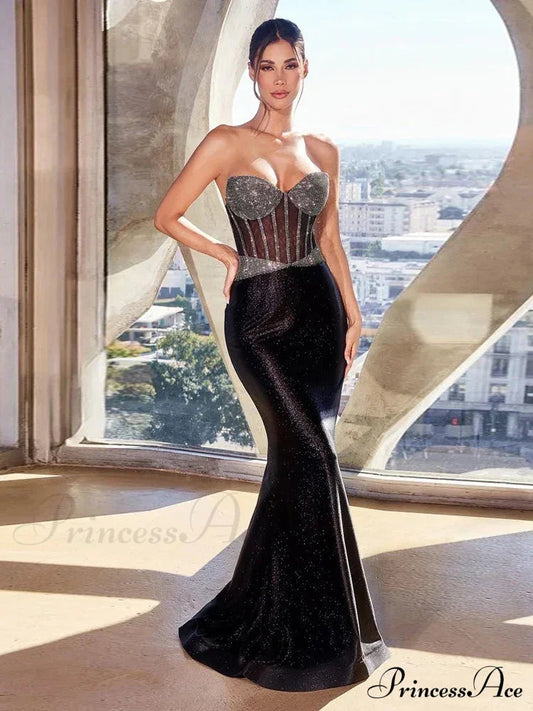 Sexy Strapless Shiny Diamond Maxi Black Off The Shoulder Christmas Party Dress