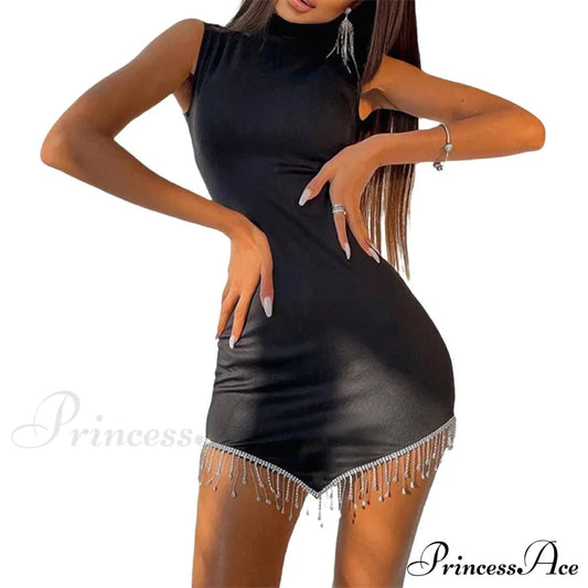 Sexy Summer Contrast Color Rhinestones Mini Dress Women Round Neck Sleeveless Christmas Party Dress