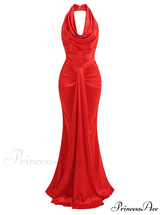 Sexy Swinging Collar Backless Pleated Long Dress Draped Design Christmas Party Dress