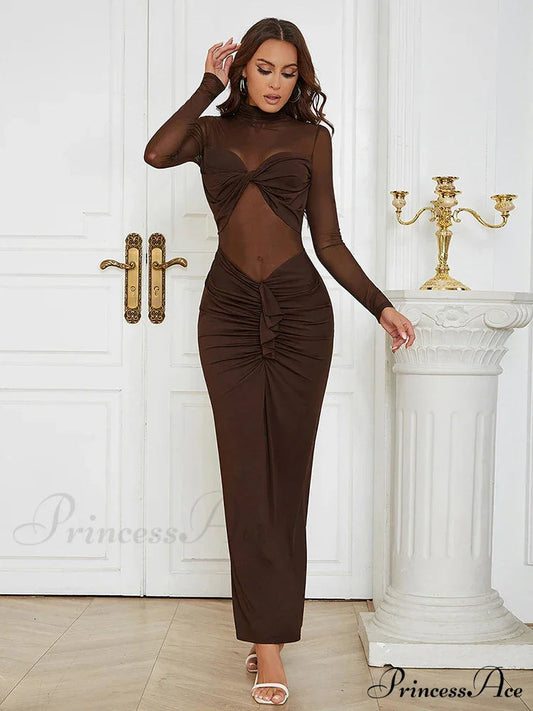 Sexy Turtleneck Mesh Patchwork Folds Brown Long Sleeve Draped Christmas Party Dress