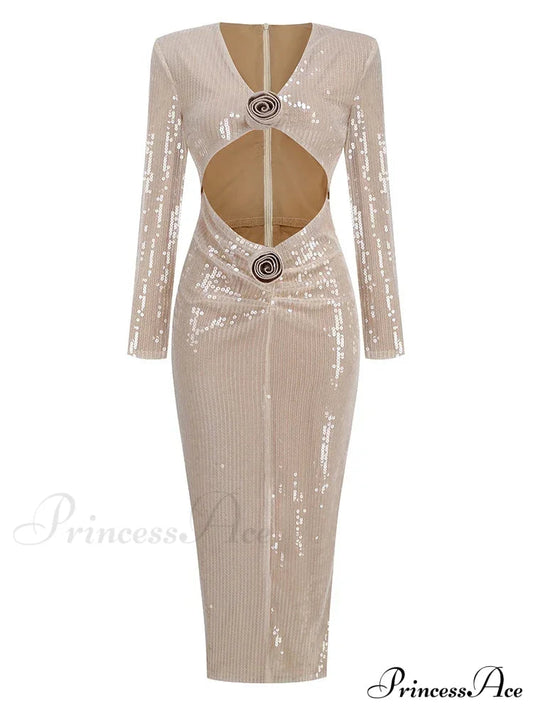 Sexy V Neck Sequins Cutout 3D Flower Dress Long Sleeves Christmas Party Dress