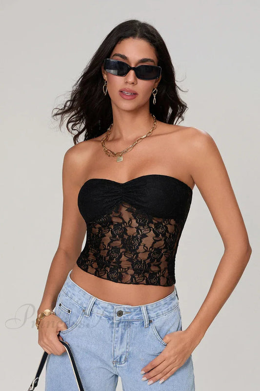 Sheer Lace Off-shoulder Strapless Low Cut Bandeau Top