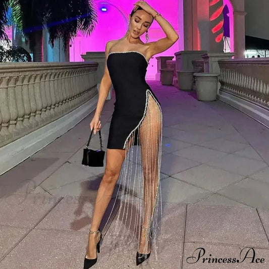 Shining Chain Slit Strapless Black Party Dress