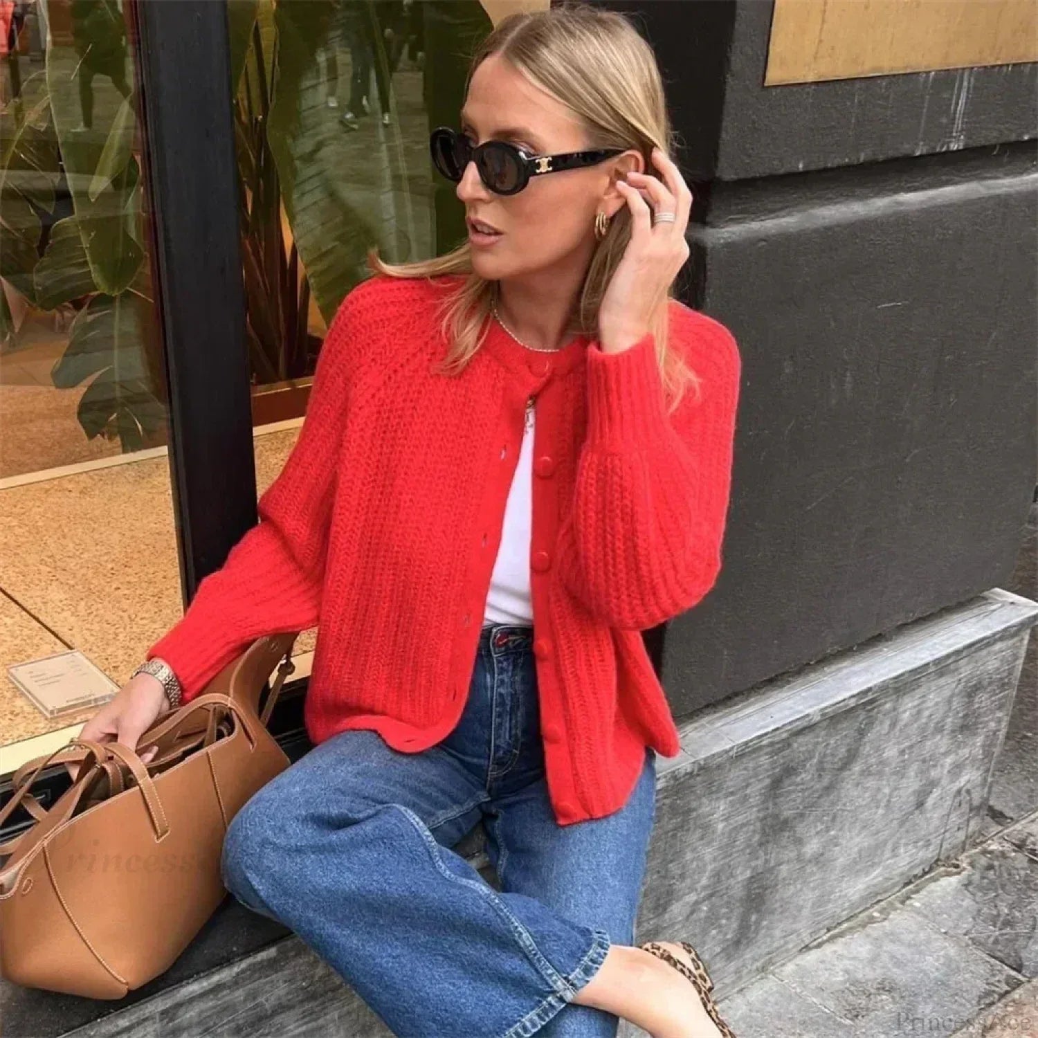 Short Cardigan With Round Neck Long Sleeve Fashionable Red Christmas Sweater Sweaters-L