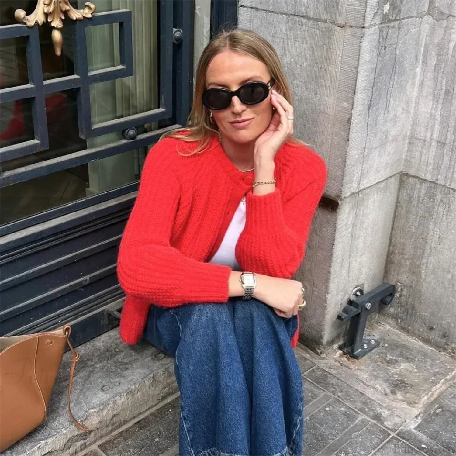 Short Cardigan With Round Neck Long Sleeve Fashionable Red Christmas Sweater Sweaters-L