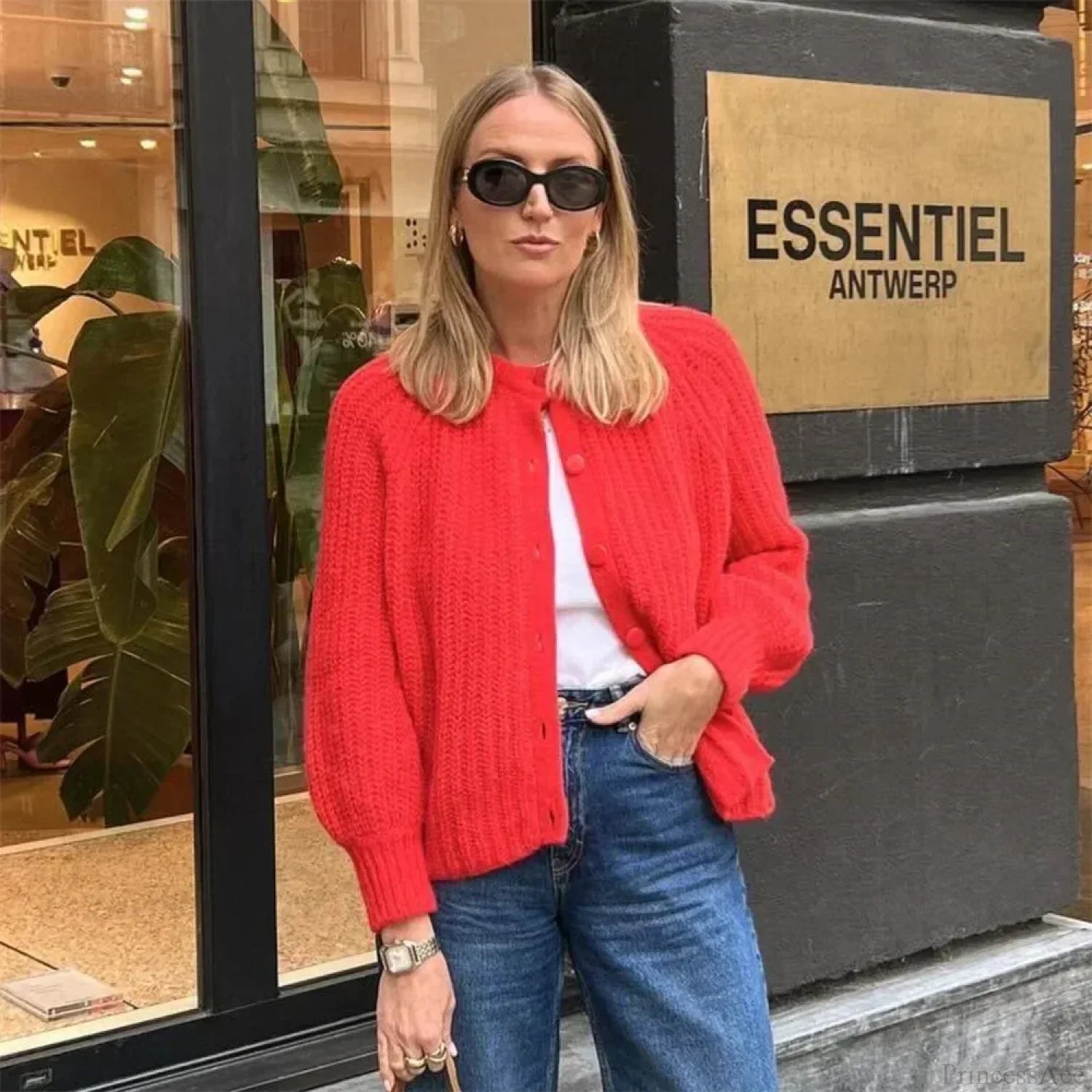 Short Cardigan With Round Neck Long Sleeve Fashionable Red Christmas Sweater Sweaters-L