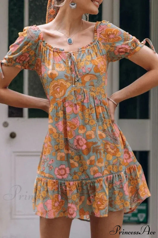 Short Puff Sleeve Mini Dress Vintage Cotton Rayon Orange Floral Print Summer Dress