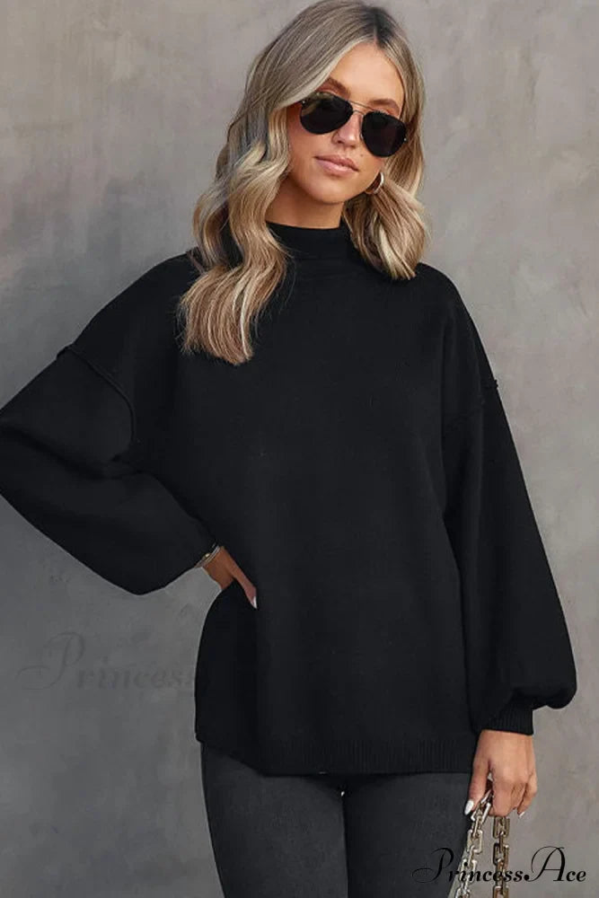 Shoulder Arm Turtleneck Knit Bubble Sweater Drop In Black Sweaters-L