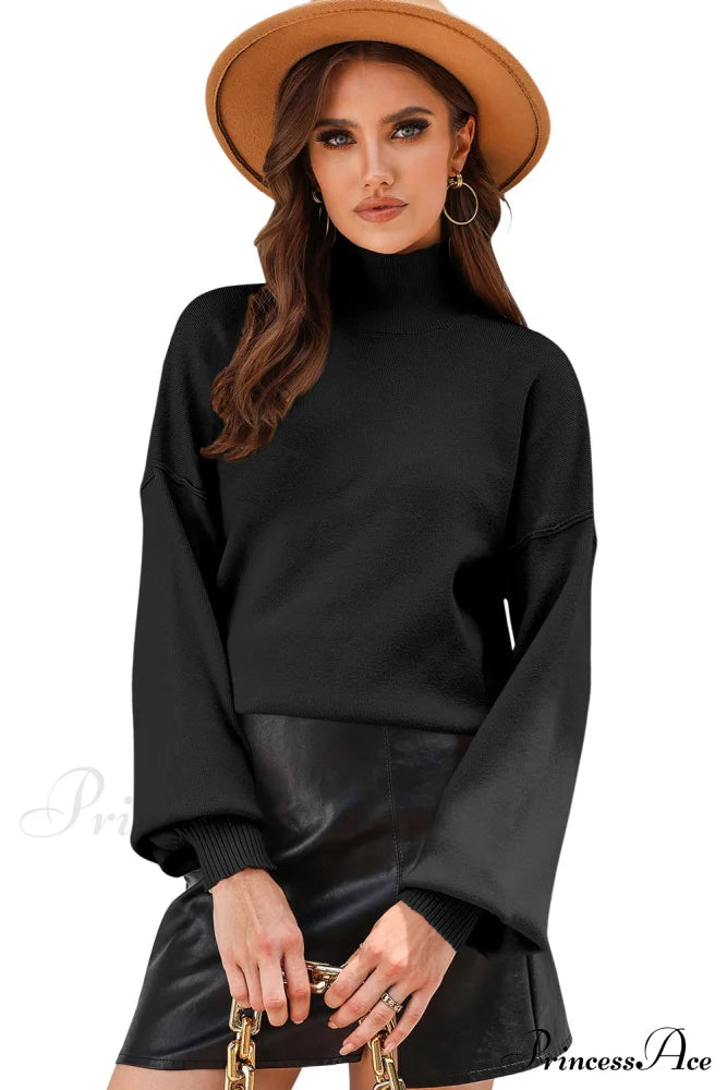 Shoulder Arm Turtleneck Knit Bubble Sweater Drop In Black Sweaters-L