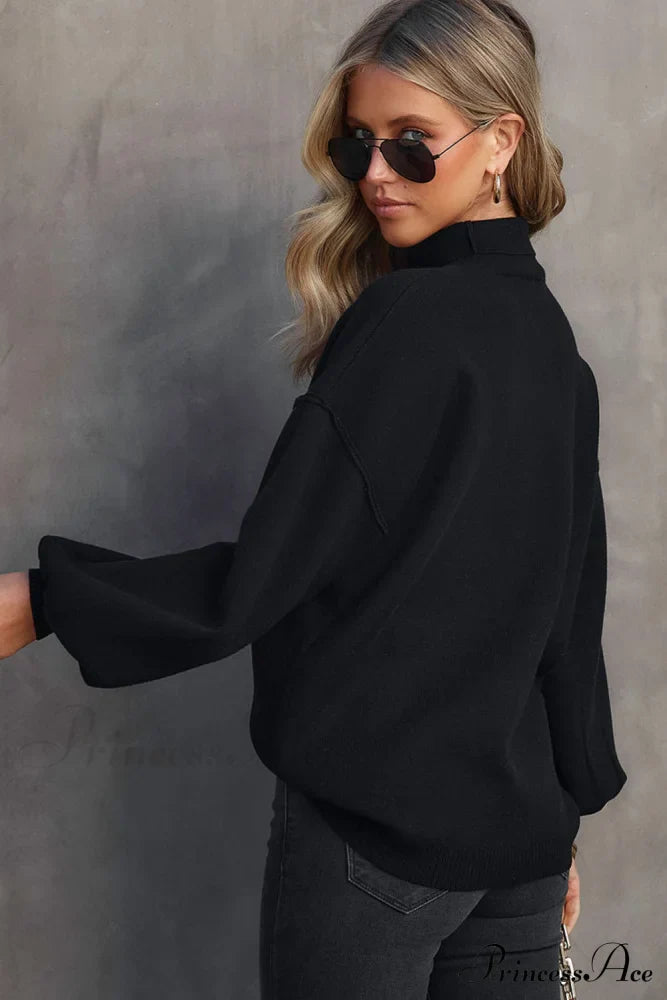 Shoulder Arm Turtleneck Knit Bubble Sweater Drop In Black Sweaters-L