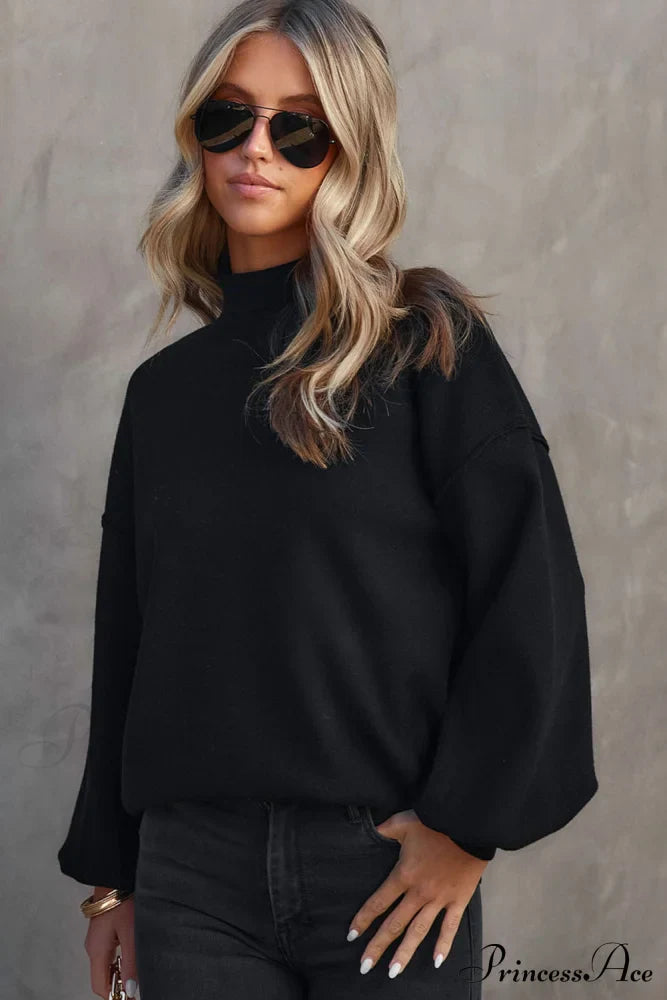 Shoulder Arm Turtleneck Knit Bubble Sweater Drop In Black Sweaters-L