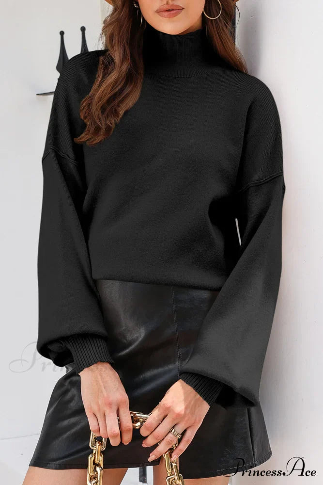 Shoulder Arm Turtleneck Knit Bubble Sweater Drop In Black Sweaters-L