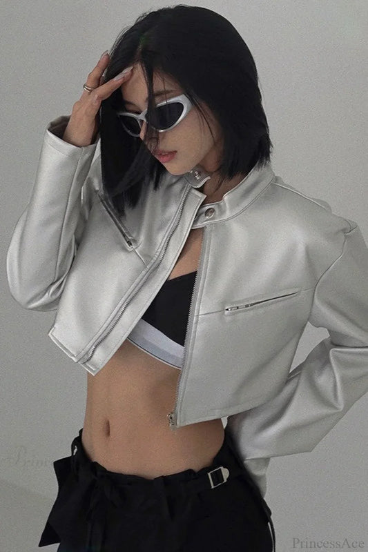 Silver Funnel Neck Snap Leather Short Jacket