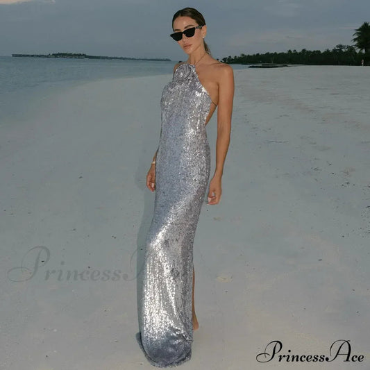 Silver Sequin Backless Evening Party Dress