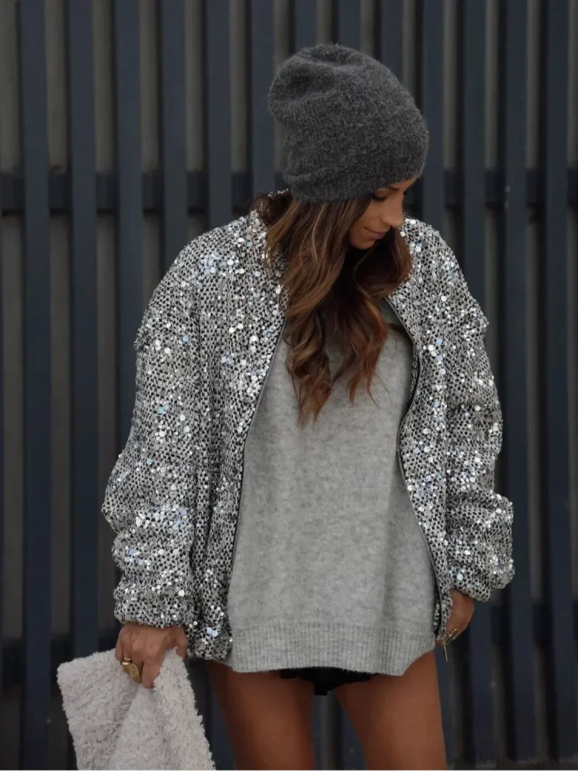 Silver Sequins Patchwork Bomber Coat Silver / S