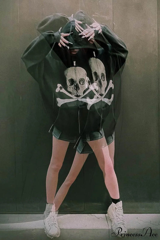 Skull Print Zip Up Hoodie