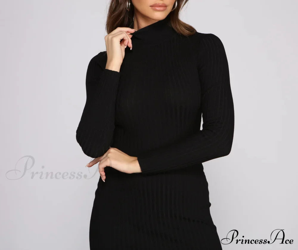 Slay In Basics Charming Ribbed Knit Mini Dress Sweaters-L