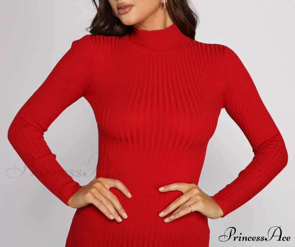 Slay In Basics Charming Ribbed Knit Mini Dress Sweaters-L