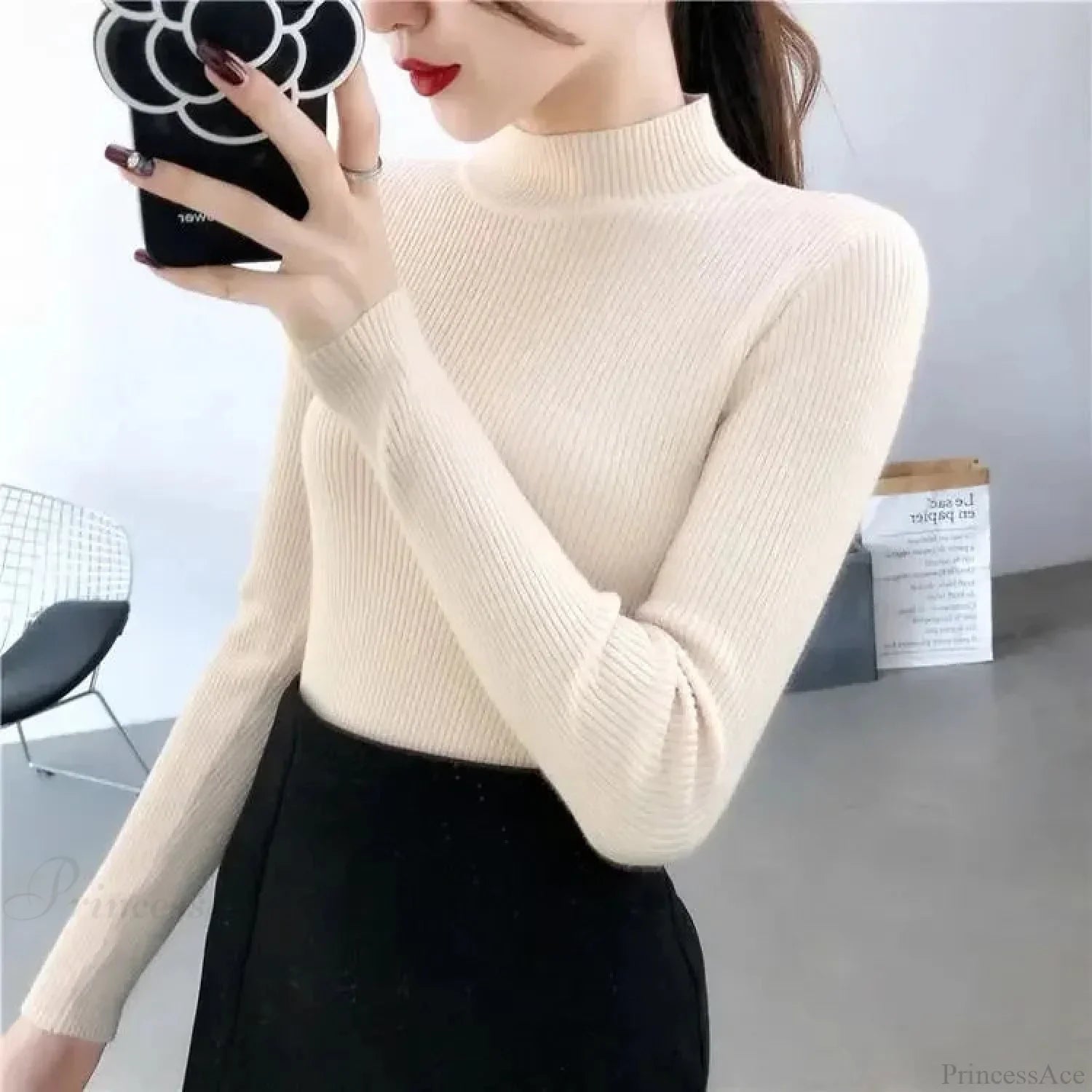 Slim Fit Stand Collar Long Sleeve Knitted Christmas Sweater Apricot / S Sweaters-L