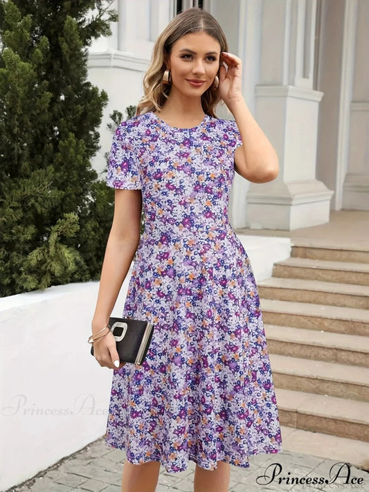 Slim Waist Floral Print Summer Round Neck Dress