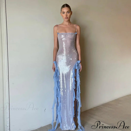 Slit Ruffle Sequin Party Dress