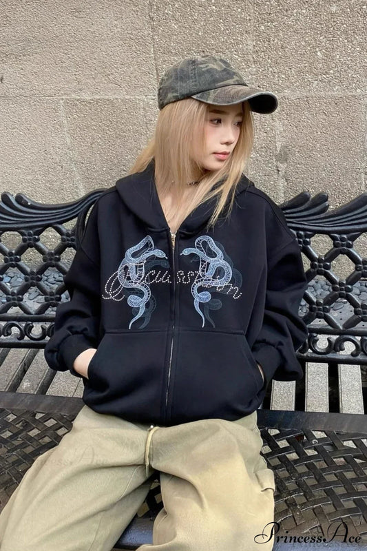 Snake Print Rhinestone Zip Up Cropped Hoodie