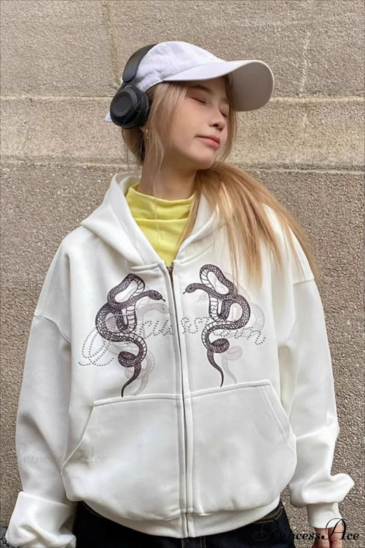 Snake Print Rhinestone Zip Up Cropped Hoodie