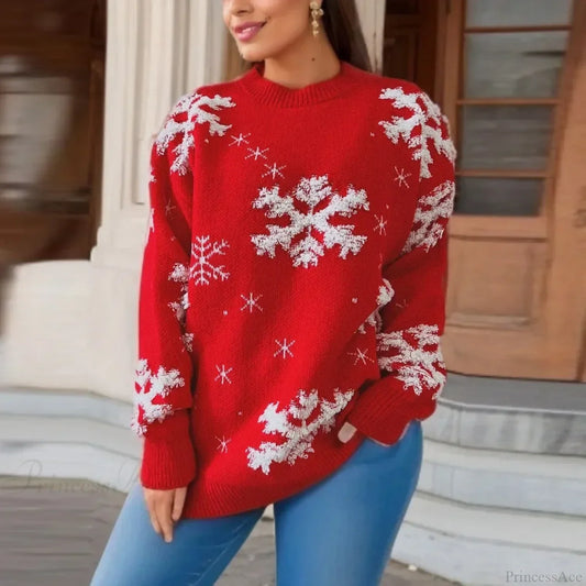 Snowflake Embroidered Round Neck Long Sleeve Crossbody Christmas Sweater Red / S Sweaters-L