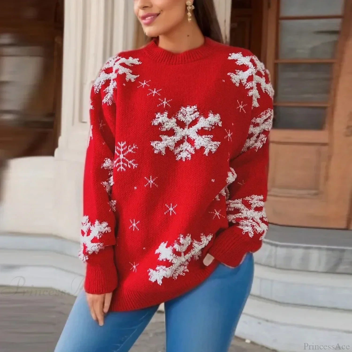 Snowflake Embroidered Round Neck Long Sleeve Crossbody Christmas Sweater Sweaters-L