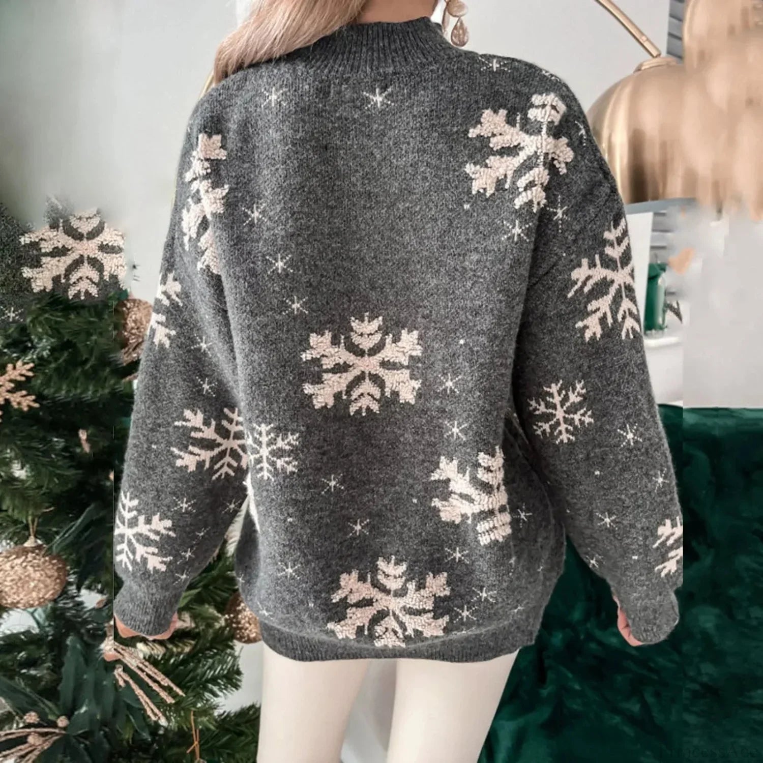 Snowflake Print Oversized Christmas Sweater Sweaters-L