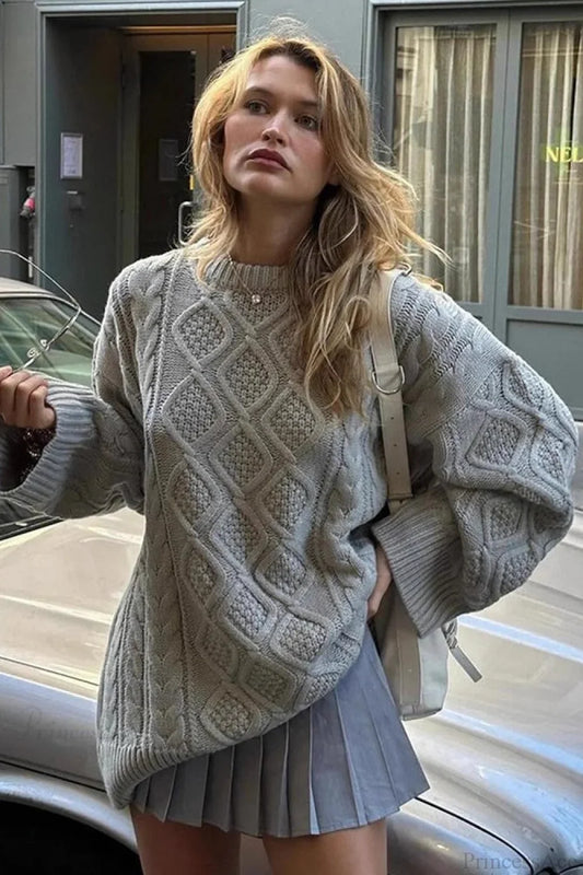 Solid 3D Chunky Cable Argyle Crewneck Loose Sweater