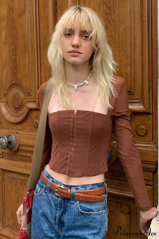 Solid Cardigan Hook Waist Tulle Long Sleeve Crop Top