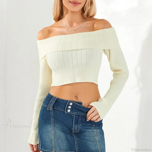 Solid Color Boat Neck Crop Sweater Beige / S