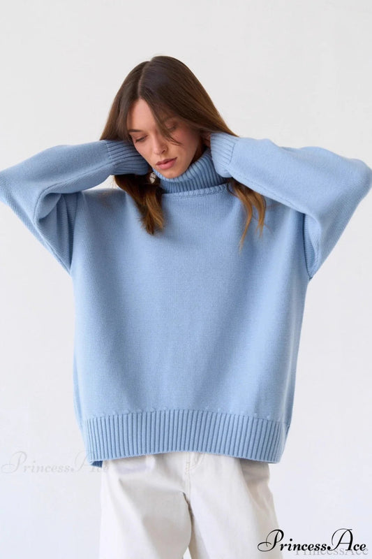 Solid Color High-Neck Loose Knit Sweater