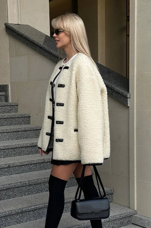 solid color Sherpa Horn Button Minimalist Coat