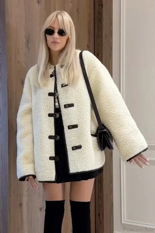 solid color Sherpa Horn Button Minimalist Coat