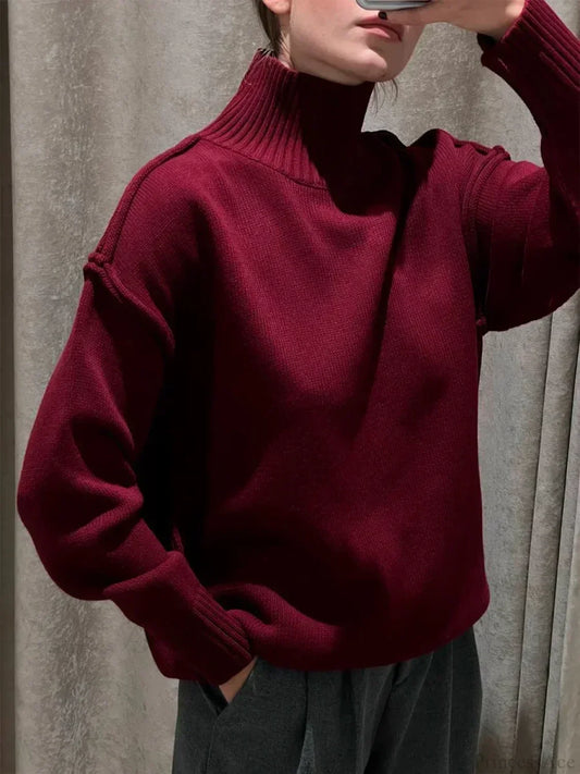 Solid Color Turtleneck Thick Loose Sweater Burgundy / S