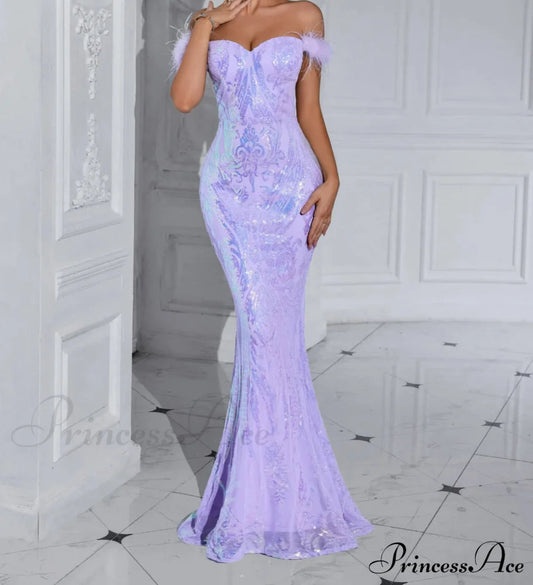 Solid Faux Feather Off-Shoulder Party Dress