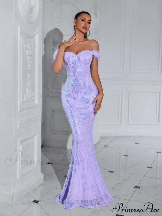 Solid Faux Feather Off-Shoulder Party Dress