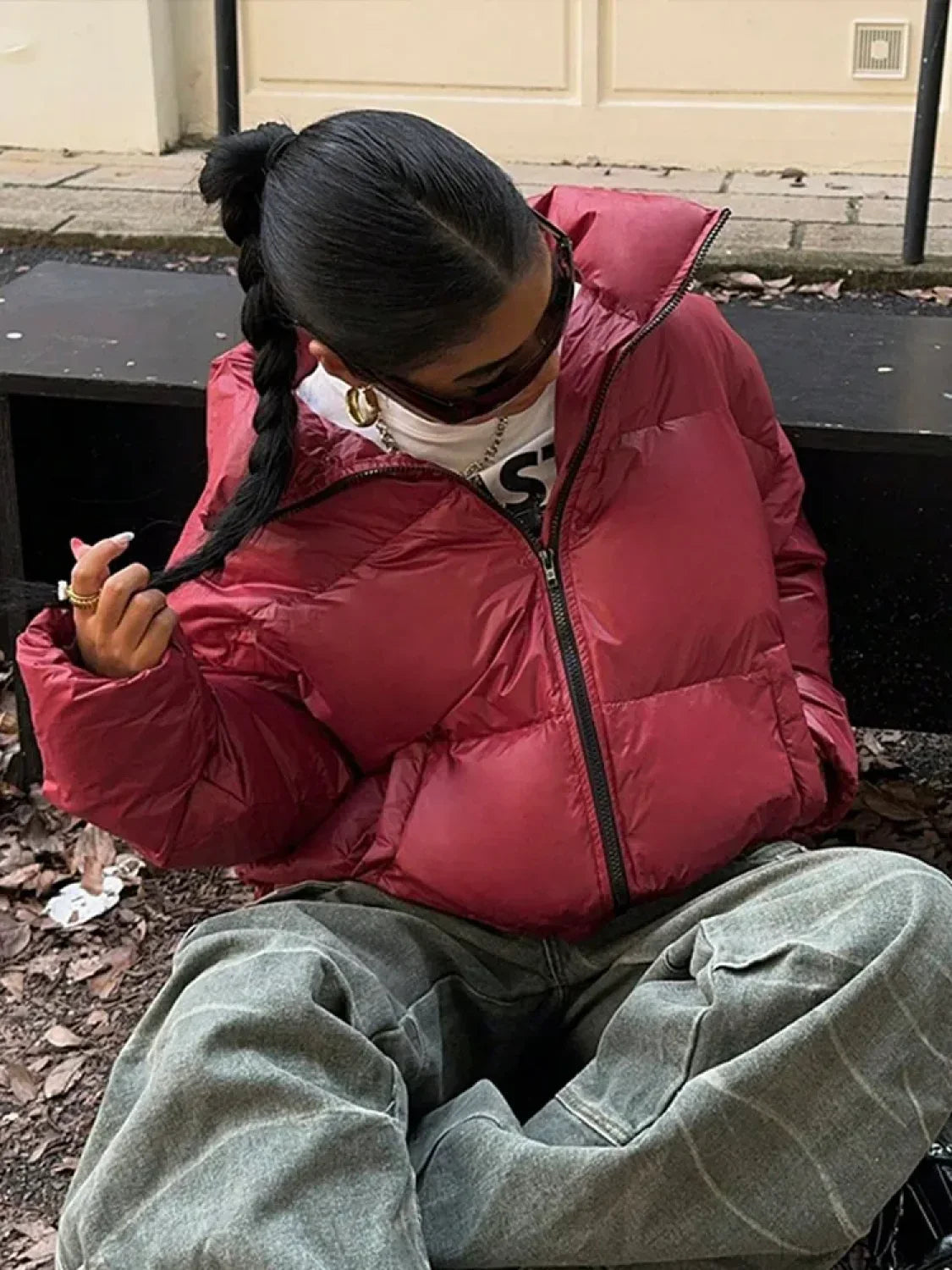 Solid Front Zipper Cotton Coat Coats-241208