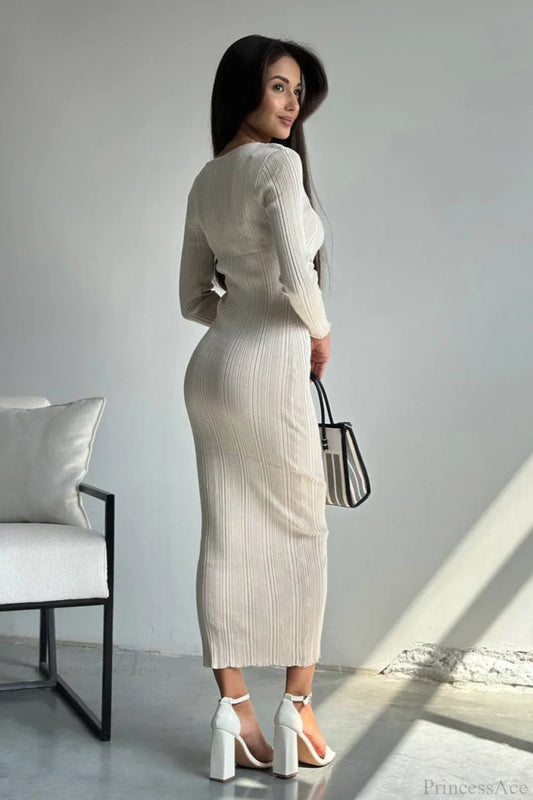 Solid Knit Waisted Long Sleeve Maxi Dress