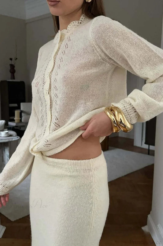 Solid Lace Cutout Knit Crew Neck Cardigan