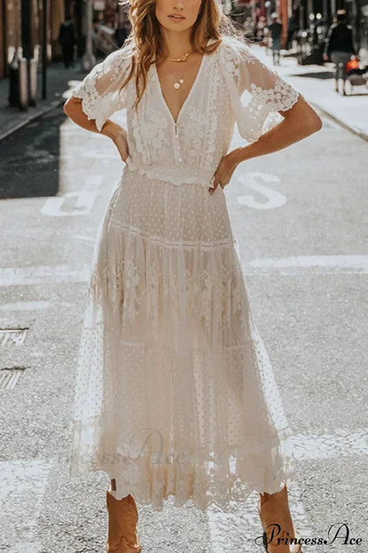 Solid Lace Short Sleeve V-neck Maxi Boho Dress