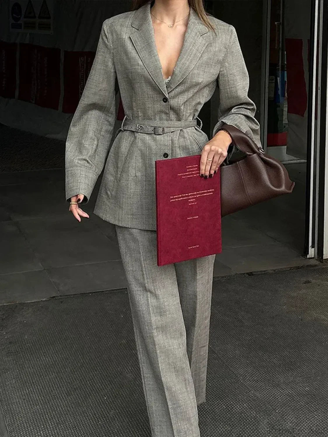 Solid Suit Coat with Belt V-neck Lapel Coat