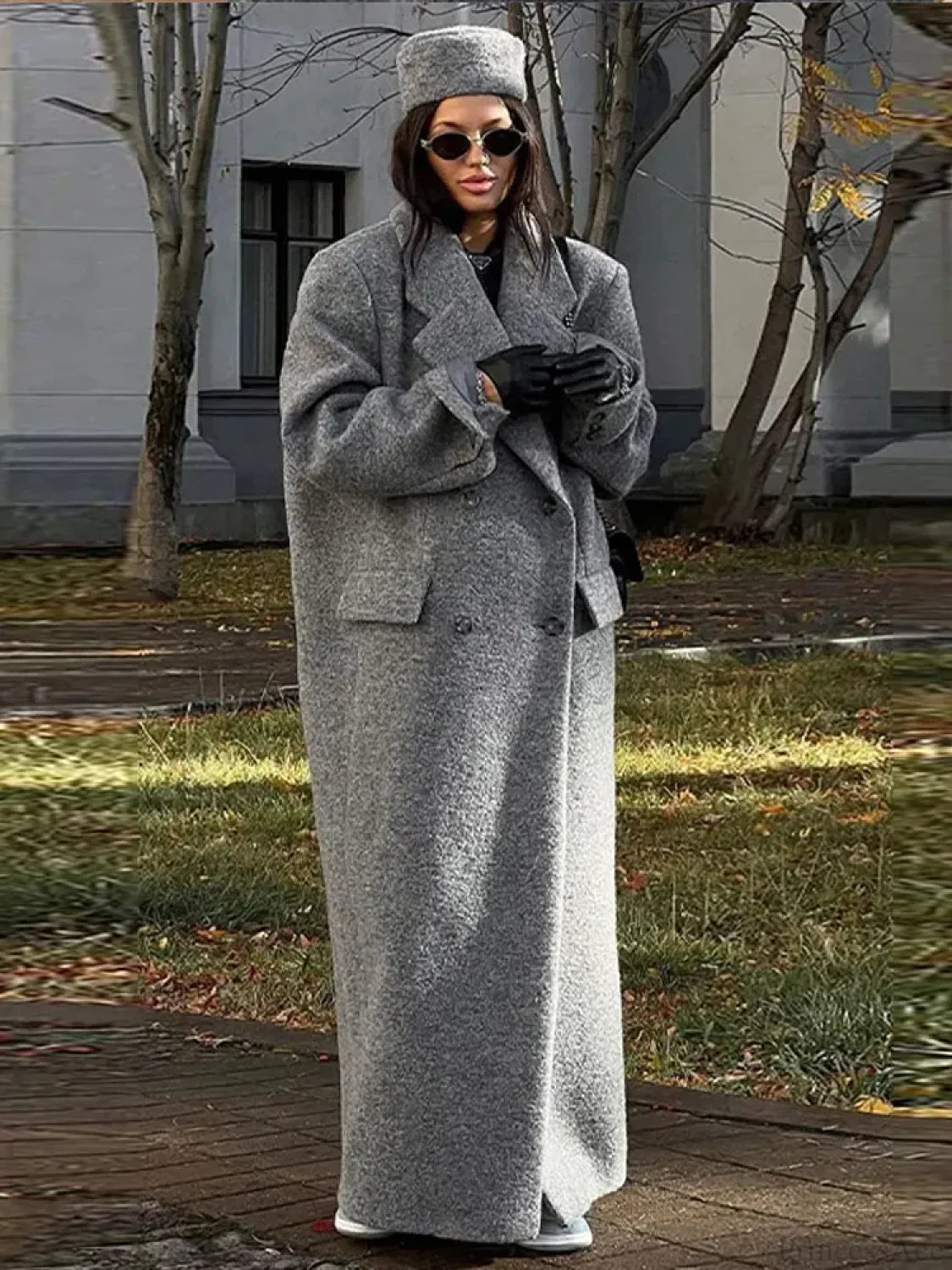 Solid Turn-Down Collar Loose Overcoat GREY / S