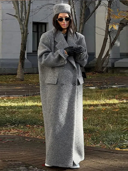 Solid Turn-Down Collar Loose Overcoat GREY / S