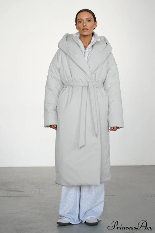Solid Warm Long Hooded Belted Cotton Puffer Overcoat