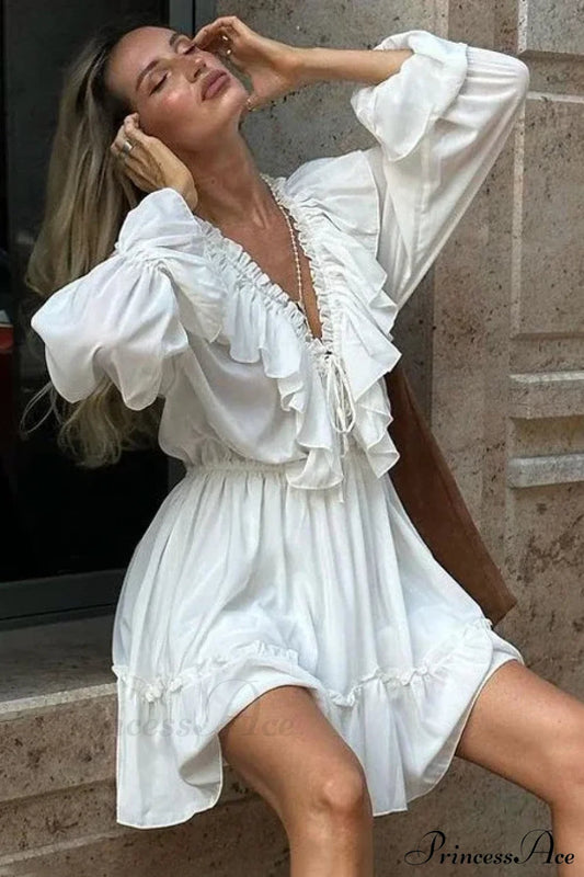 Solid White Cotton Rayon Long Sleeve Ruffle Dress