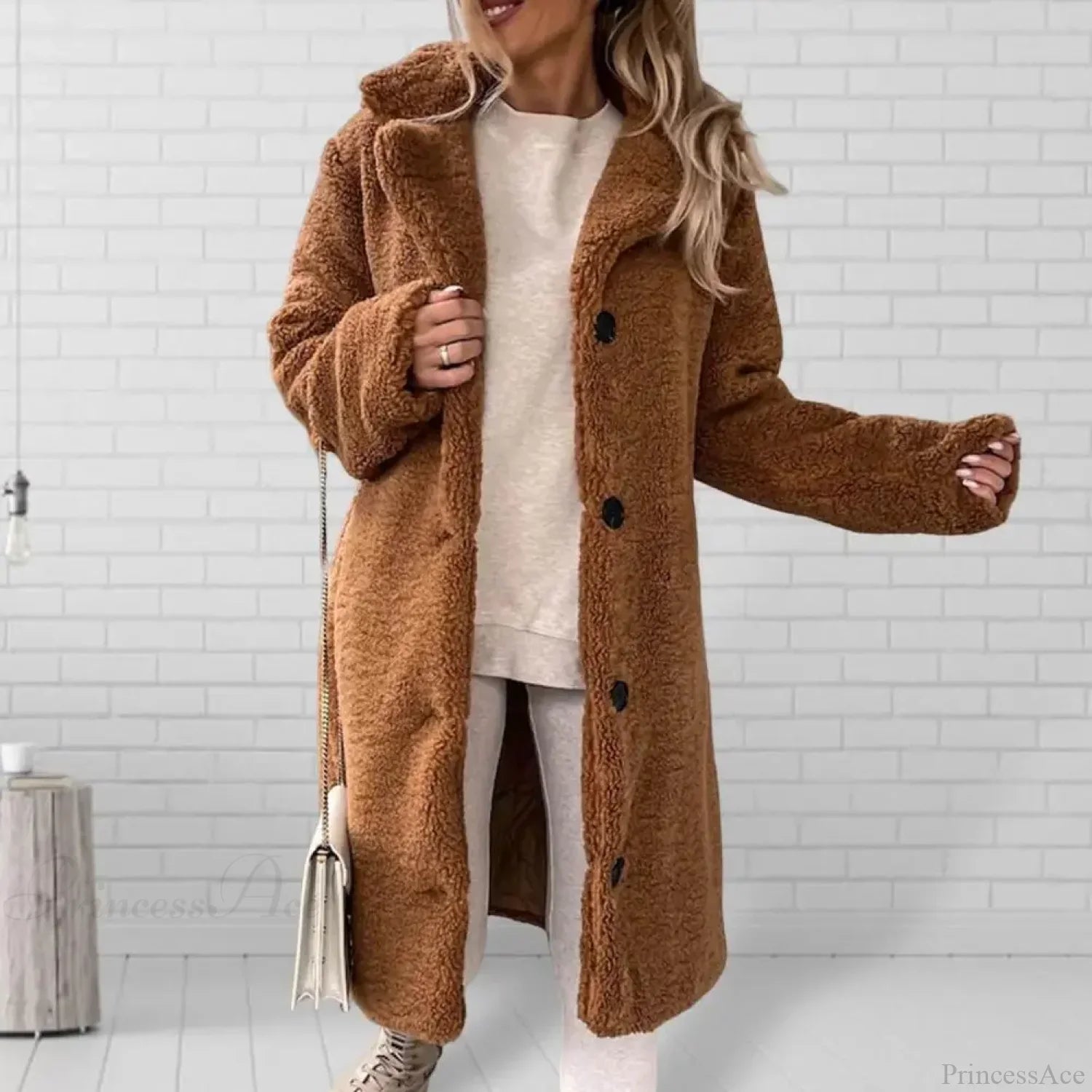 Solid Woolen Coat with Belted Overcoat Brown / S