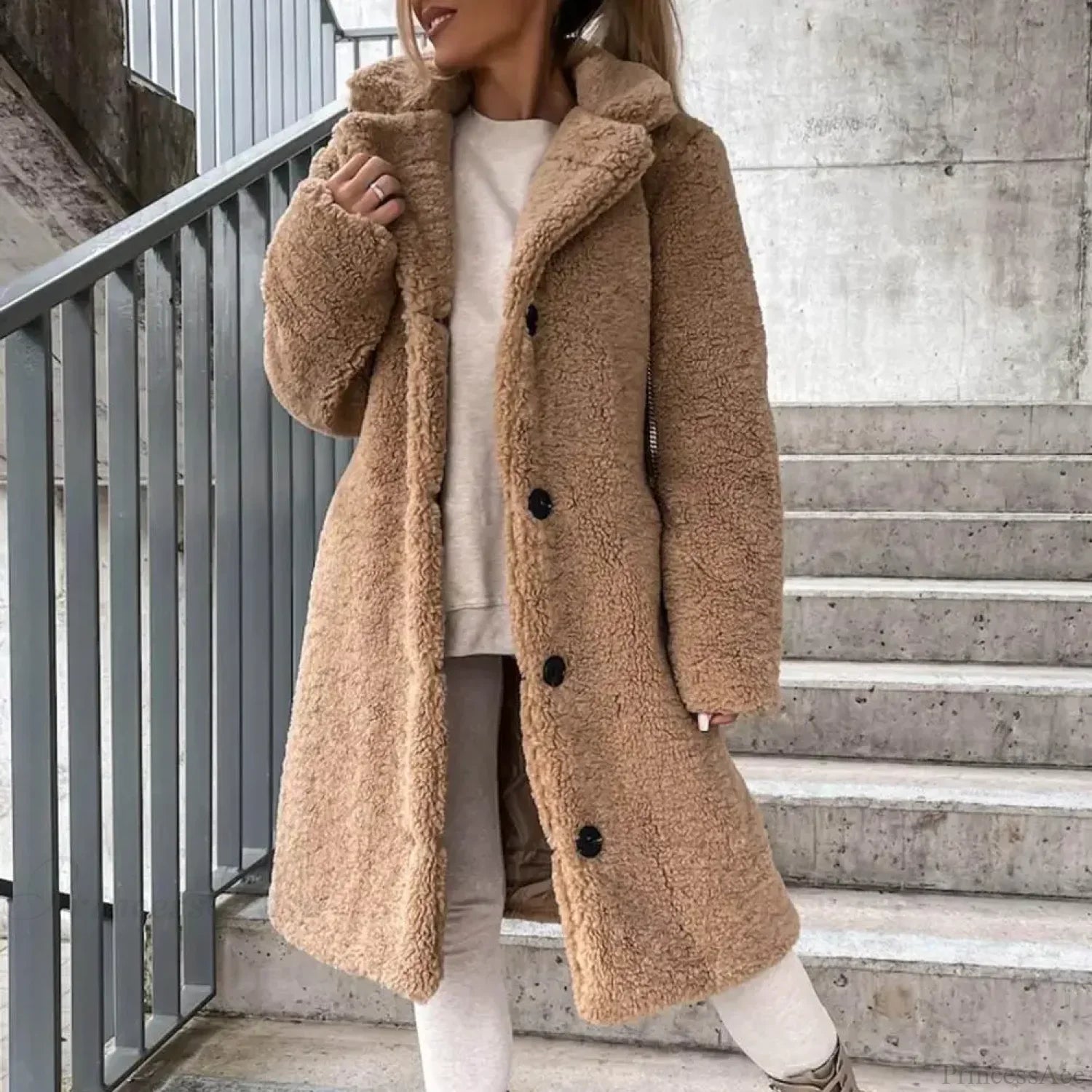 Solid Woolen Coat with Belted Overcoat Khaki / S